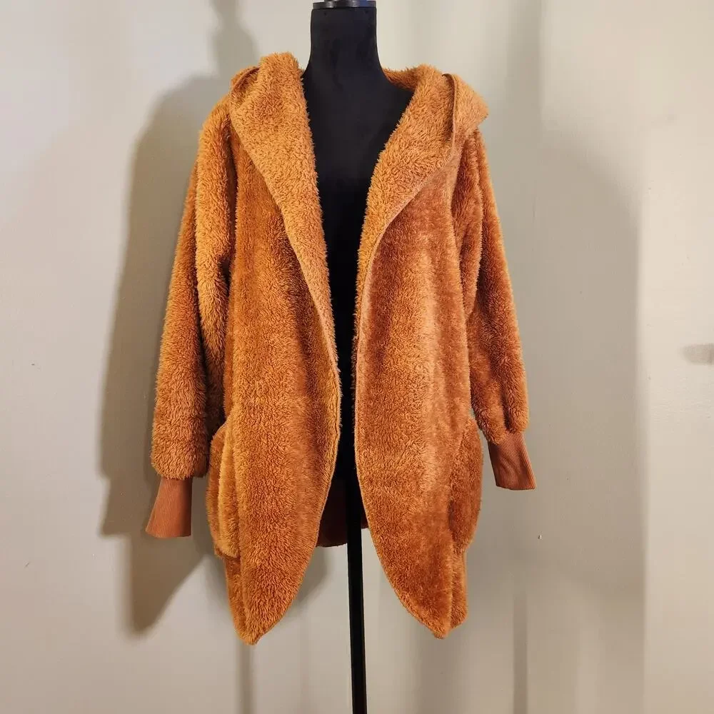 ZENANA Hooded Faux Fur Jacket with Pockets, Almond Brown, Size Medium